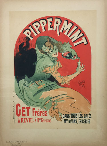 Pippermint Get freres by Jules Cheret Maitre De L Affiche Plate 213 1900 - Beautiful Vintage Poster. This lithograph shows a woman pouring from a bottle liquor into a tiny glass. Original Antique Posters