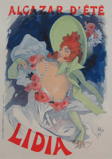 Alcazar D'Ete Lidia Original Les Maitres De L'Affiche Plate 25 by Jules Cheret from 1896 France. This lithograph shows a woman in a green hat and gloves and a dress with pink flowers. Original Vintage Poster.
