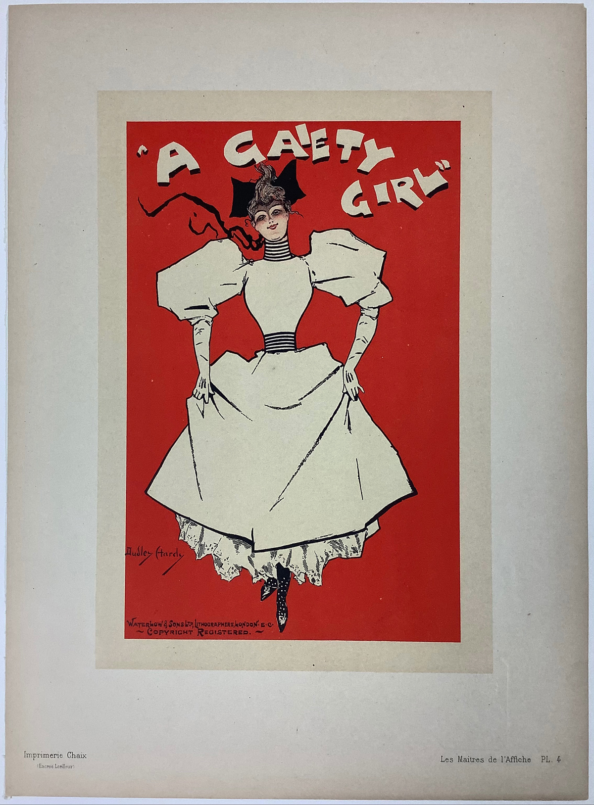 A Gaiety Girl Original Les Maitres De L'Affiche Plate 4 by Dudley Hardy 1896. This lithograph shows a woman in a white dress dancing / skipping on a red background advertising a musical comedy. Original Vintage Poster.