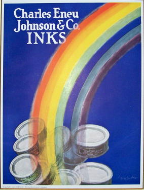 Inks original vintage poster by Leonetto Cappiello from 1928 France. French poster advertising Charles Eneu Johnson Inks shows a rainbow across a blue background ending with ink containers.