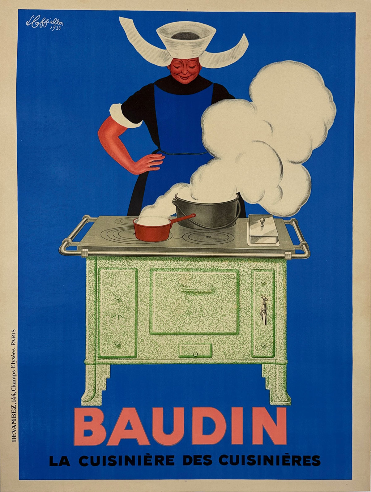 Baudin La Cuisiniere Poster by Leonetto Cappiello Original 1933 Vintage French Stone Lithograph Electric Stove Company Advertisement Linen Backed.