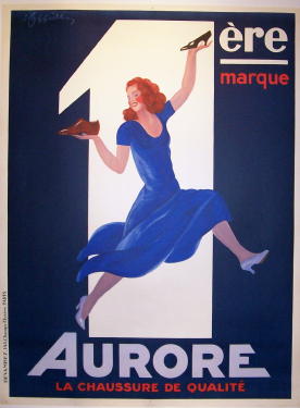Aurore La Chaussure De Qualite by L. Cappiello 1931 France. This vertical French poster features a red headed woman in a blue dress leaping with a shoe in each hand and the number one behind her. Original Vintage Posters.