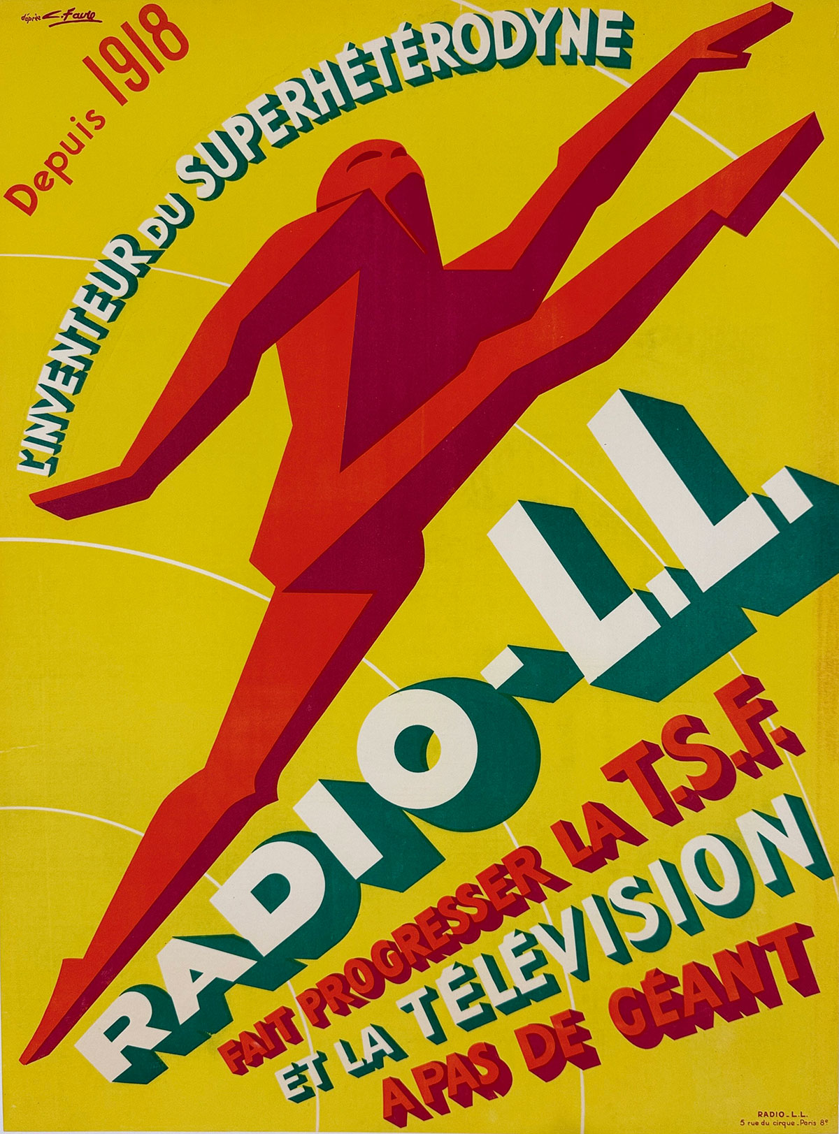 Radio L.L. Poster By Favre Original 1930's Vintage French Transistor Radio Lithograph Advertisement Linen Backed.
