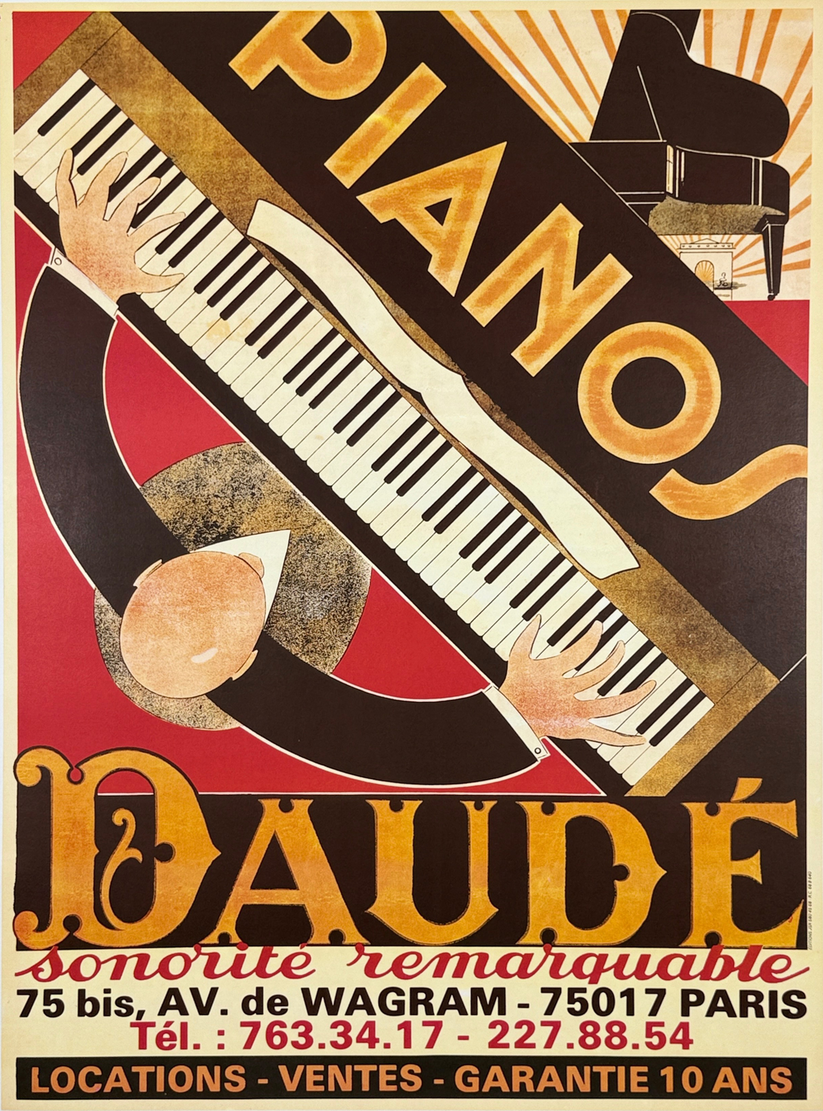 Pianos Daude Poster by M. Daude Original 1978 Vintage French Offset Lithograph Music Store Advertisement Linen Backed.