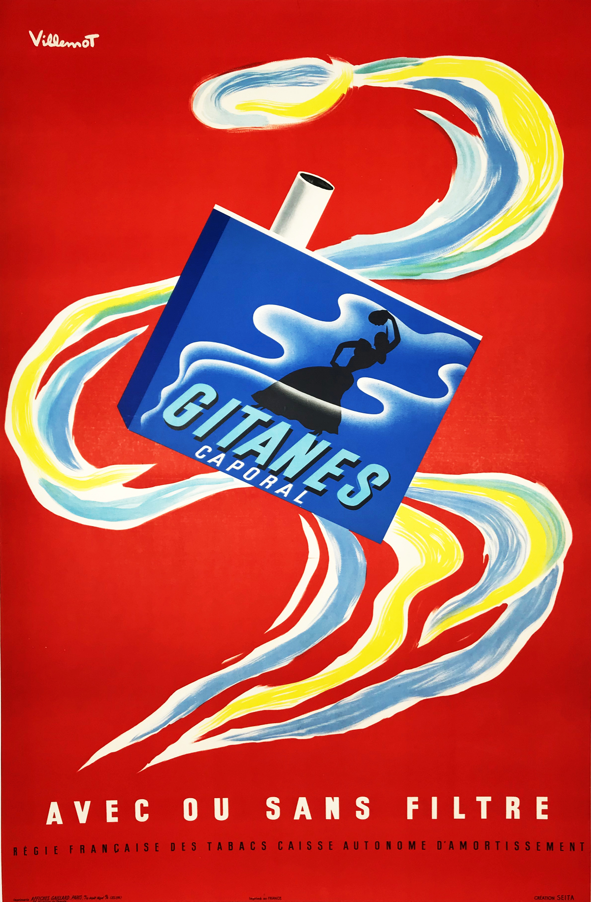 Gitanes Caporal original vintage poster by Bernard Villemot from 1960 France. Advertising a blue pack of cigarettes with a dancing woman in smoke on it on, on a beautiful red background.
