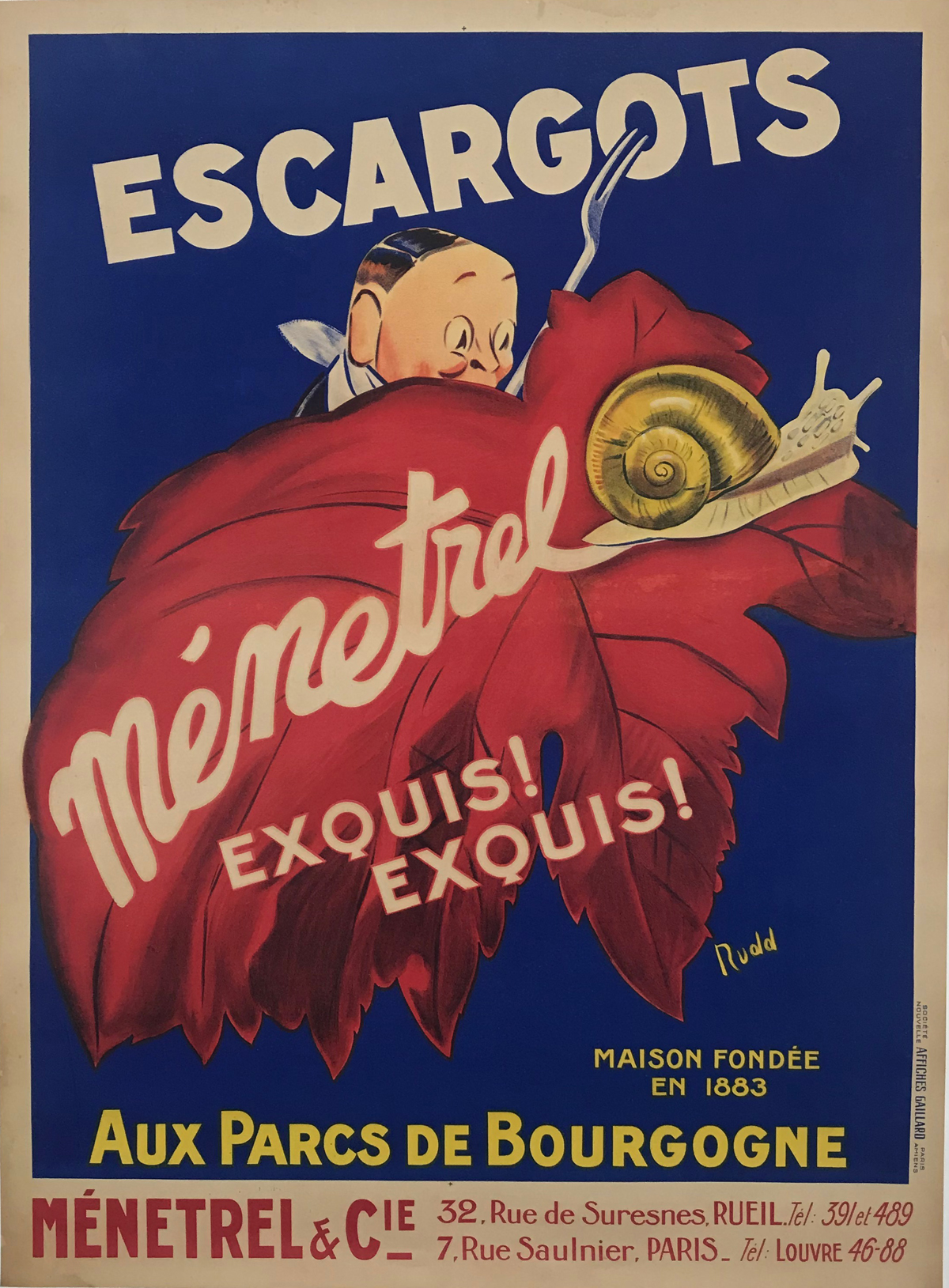 Escargots Menetrel Poster By Rudd Original 1930 Vintage French Restaurant Stone Lithograph Advertisement Linen Backed.