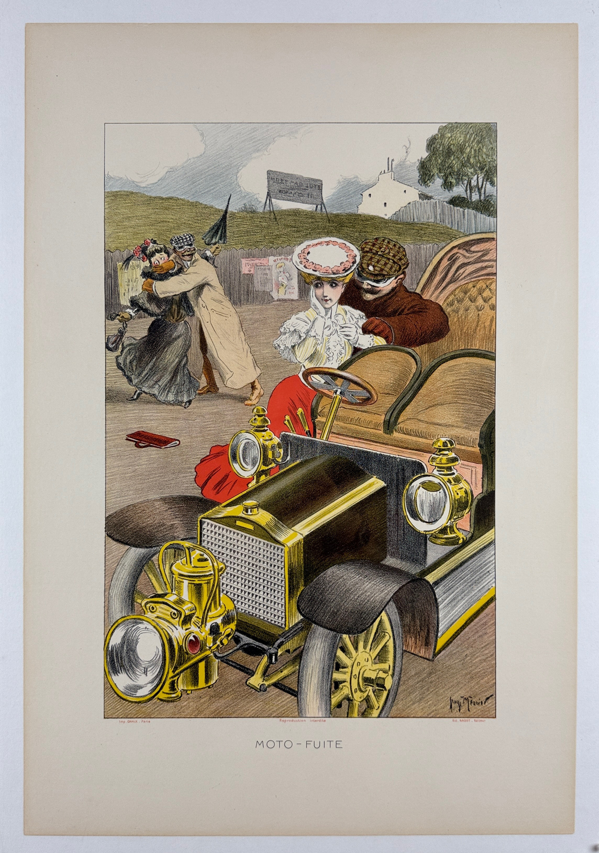 Moto Fuite Poster By Georges Meunier Original 1902 Vintage French Gallery Decorative Panel Stone Lithograph Linen Backed.