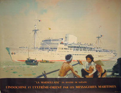 La Marseillaise In Riviere De Saigon Messageries Maritimes French horizontal original vintage travel poster from 1949 by A. Brenet.