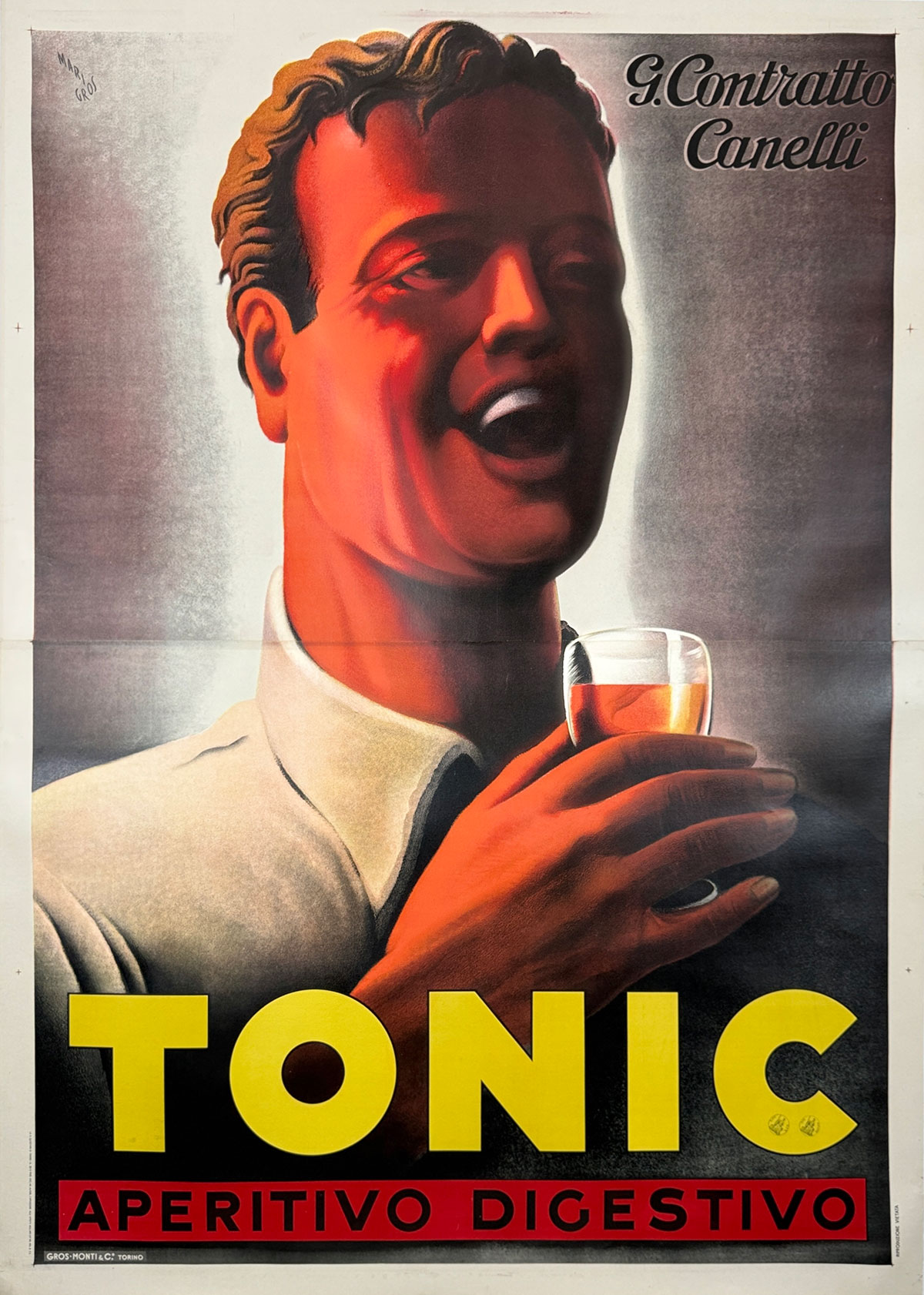 Tonic Aperitivo Digestivo Poster By Mario Gros Original 1938 Vintage Italian Apertif Company Stone Lithograph Advertisement Linen Backed.