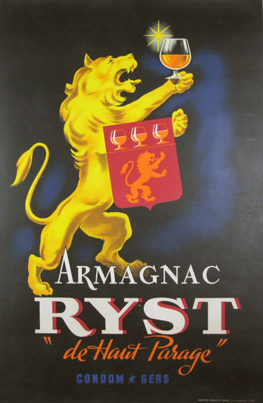Armagnac Ryst 1945 France. French wine and spirits poster features a yellow (gold) lion holding up a glass in one paw and with a red flag draped over his other arm. Original Antique Posters.