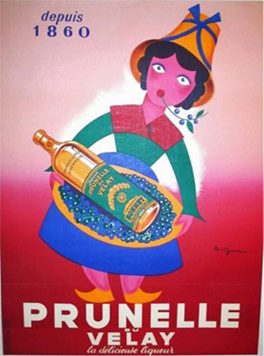 Prunelle du Velay by Igerz 1950 France. French wine and spirits poster features a cartoon woman in a colorful dress chewing a twig and holding a tray with a bottle against a gradated red background. Original Antique Posters.