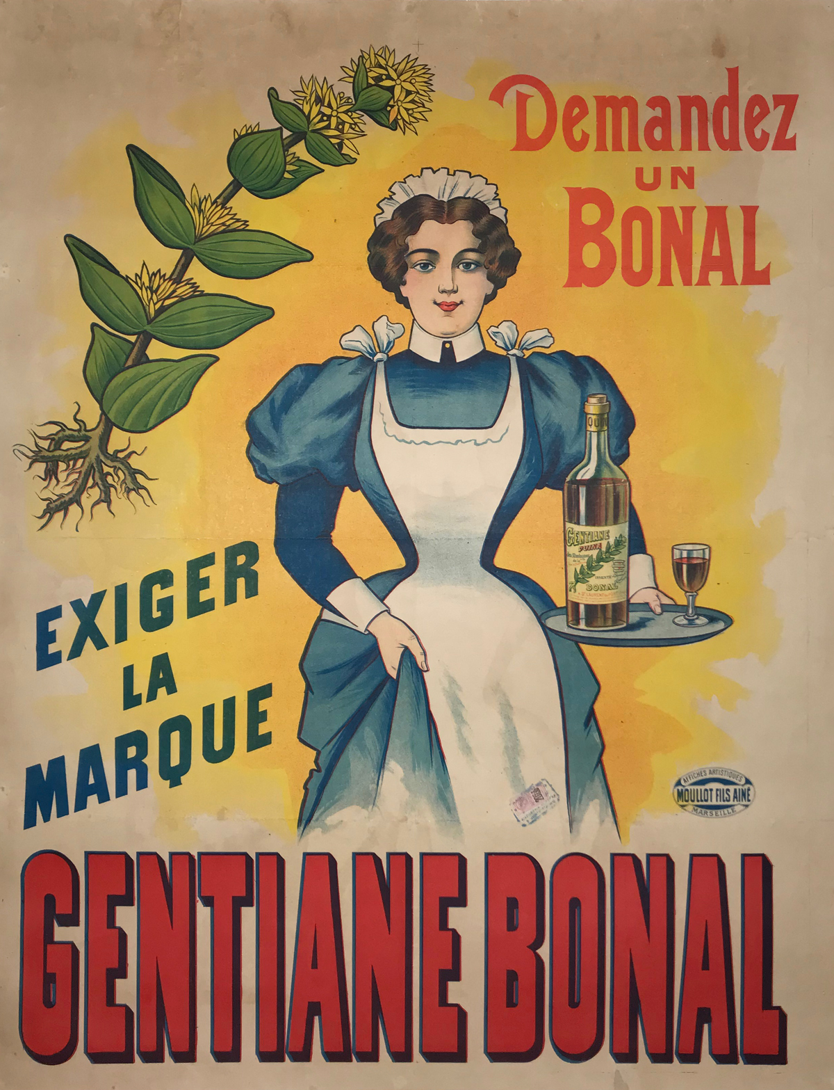 Gentiane Bonal Poster By Affiches Moullot Original 1900 Vintage French Winery Stone Lithograph Advertisement Linen Backed.