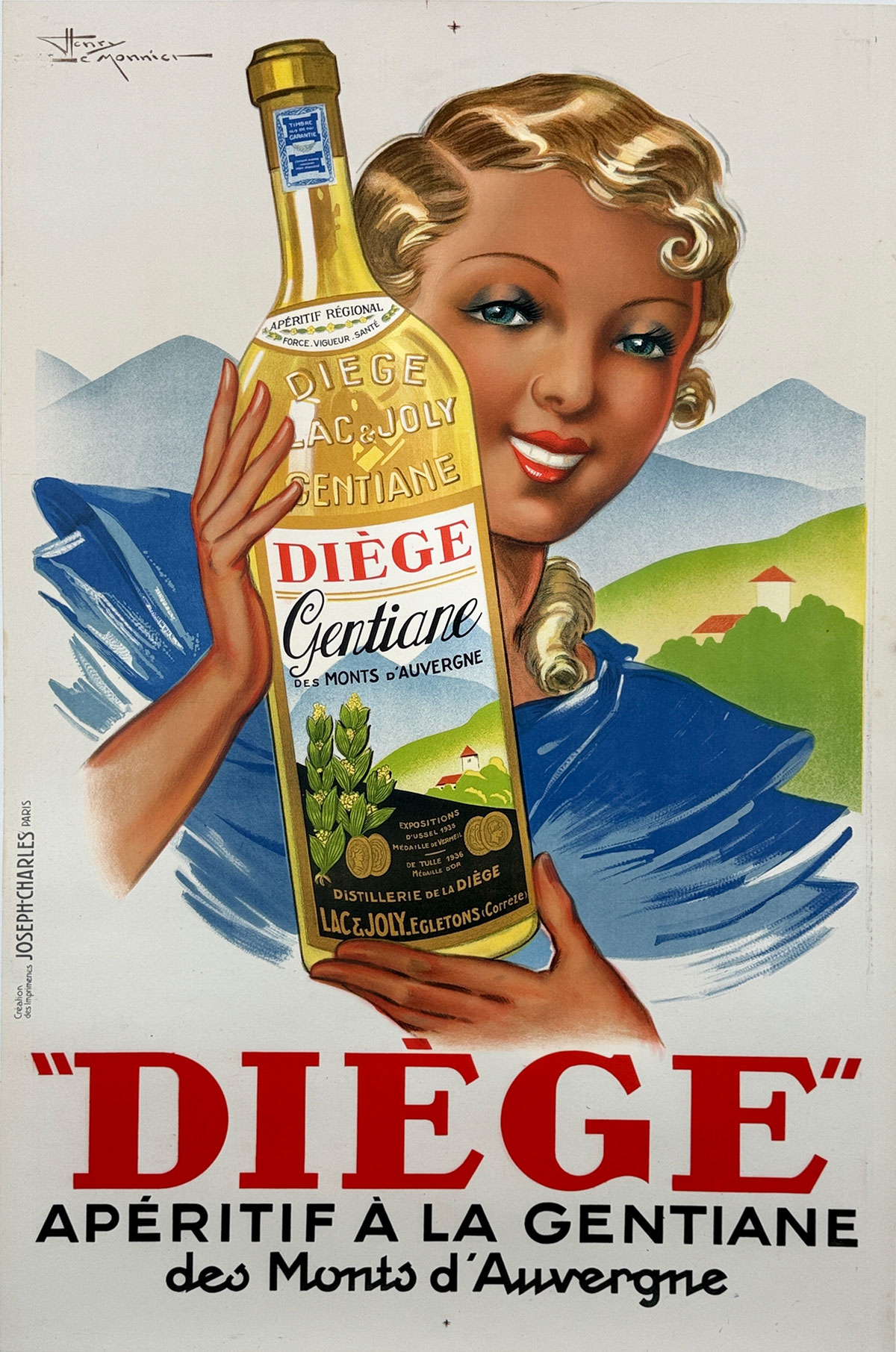 Diege Aperitif A La Gentiane Poster by Henry LeMonnier Original 1936 Vintage French Distillerie Stone Lithograph Advertisement Linen Backed.