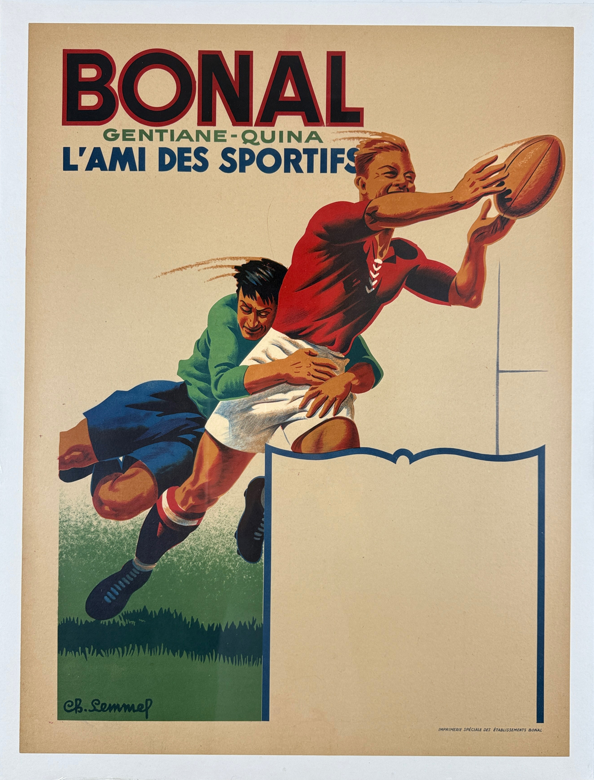 Bonal Gentiane Quina Poster By Ch. Lemmel Original 1930 Vintage French Liqueur Sports Sponsor Lithograph Advertisement Linen Backed.