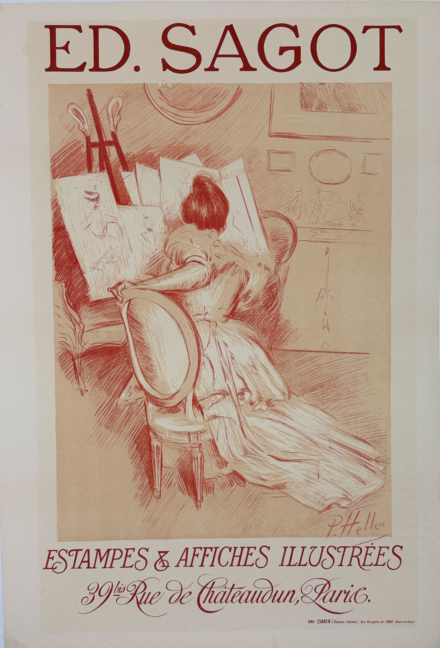 Ed Sagot Estampe Affiche Poster by Paul Helleu Original 1899 Vintage French Stone Lithograph Gallery Show Advertisement Linen Backed.