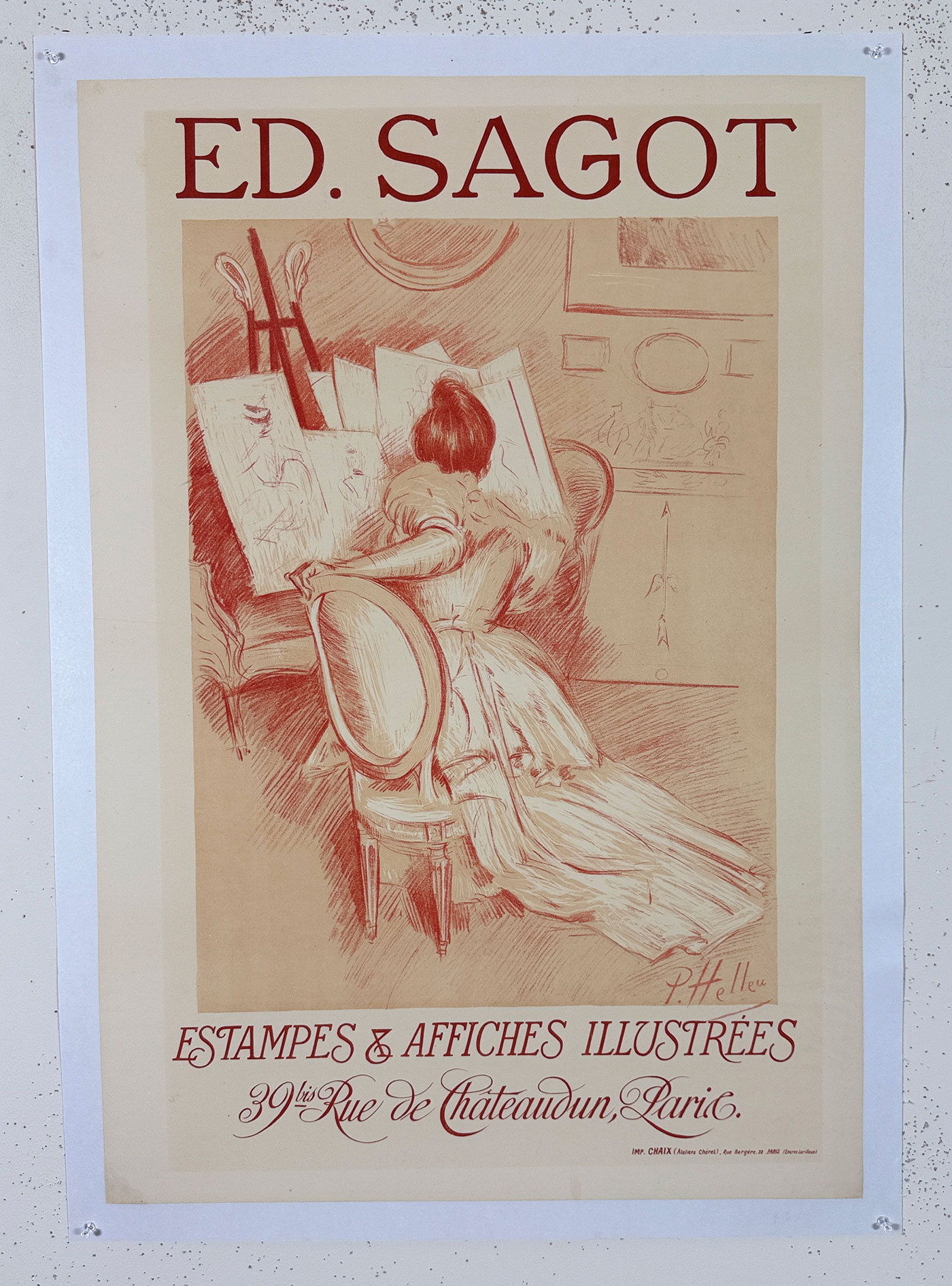 Ed Sagot Estampe Affiche Poster by Paul Helleu Original 1899 Vintage French Stone Lithograph Gallery Show Advertisement Linen Backed.