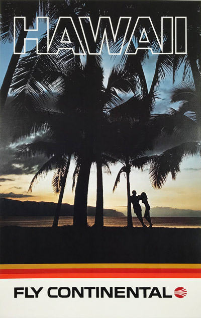 Hawaii Fly Continental original American travel poster from 1970.