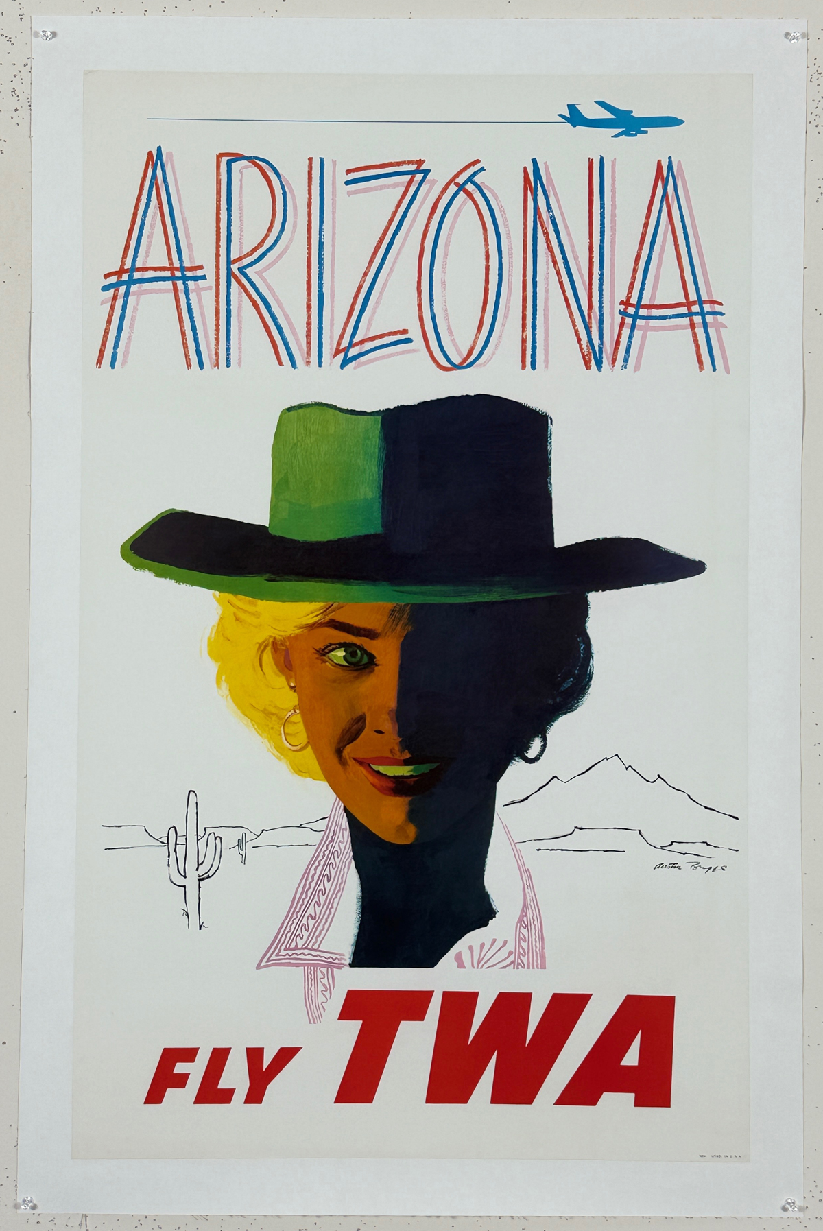 Fly TWA Arizona Poster By Austin Briggs Original 1960 Vintage American Passenger Plane Travel Lithograph Advertisement Linen Backed.