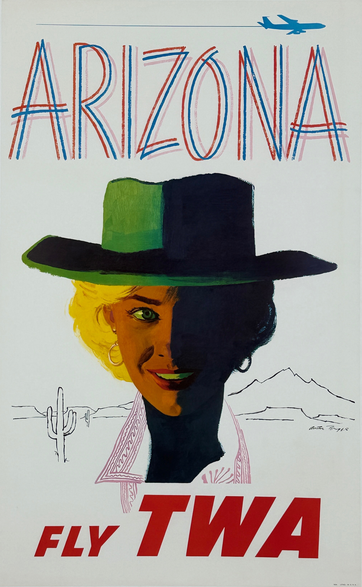 Fly TWA Arizona Poster By Austin Briggs Original 1960 Vintage American Passenger Plane Travel Lithograph Advertisement Linen Backed.