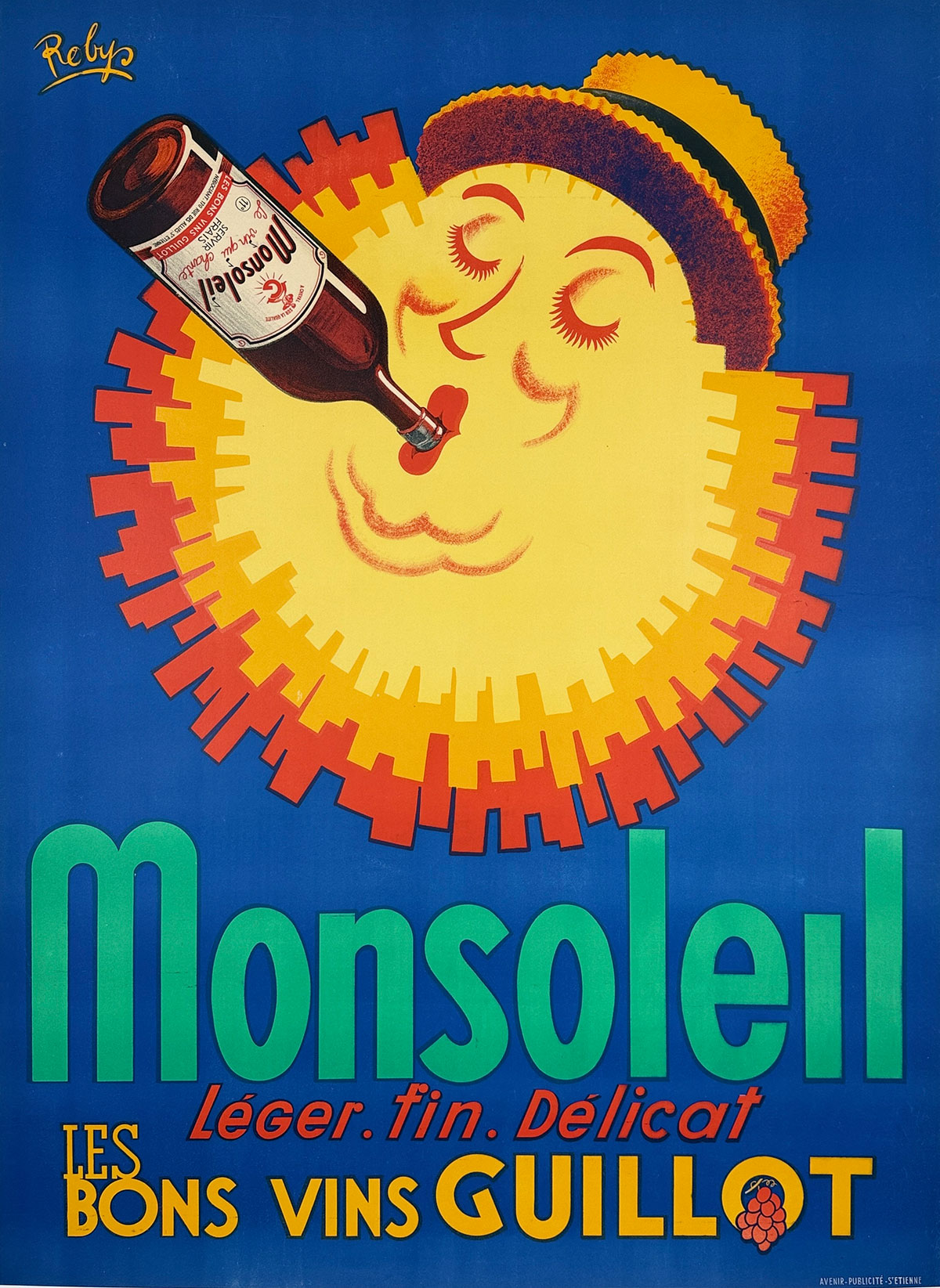 Monsoleil Vins Guillot Poster By Robys Original 1940's Vintage French Winery Lithograph Advertisement Linen Backed.