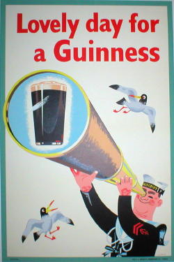 Lovely day for a Guinness original advertising lithograph vintage poster by Hanna from 1956 England. Shows a sailor looking through a telescope spyglass at a pint of beer while seagulls fly around.