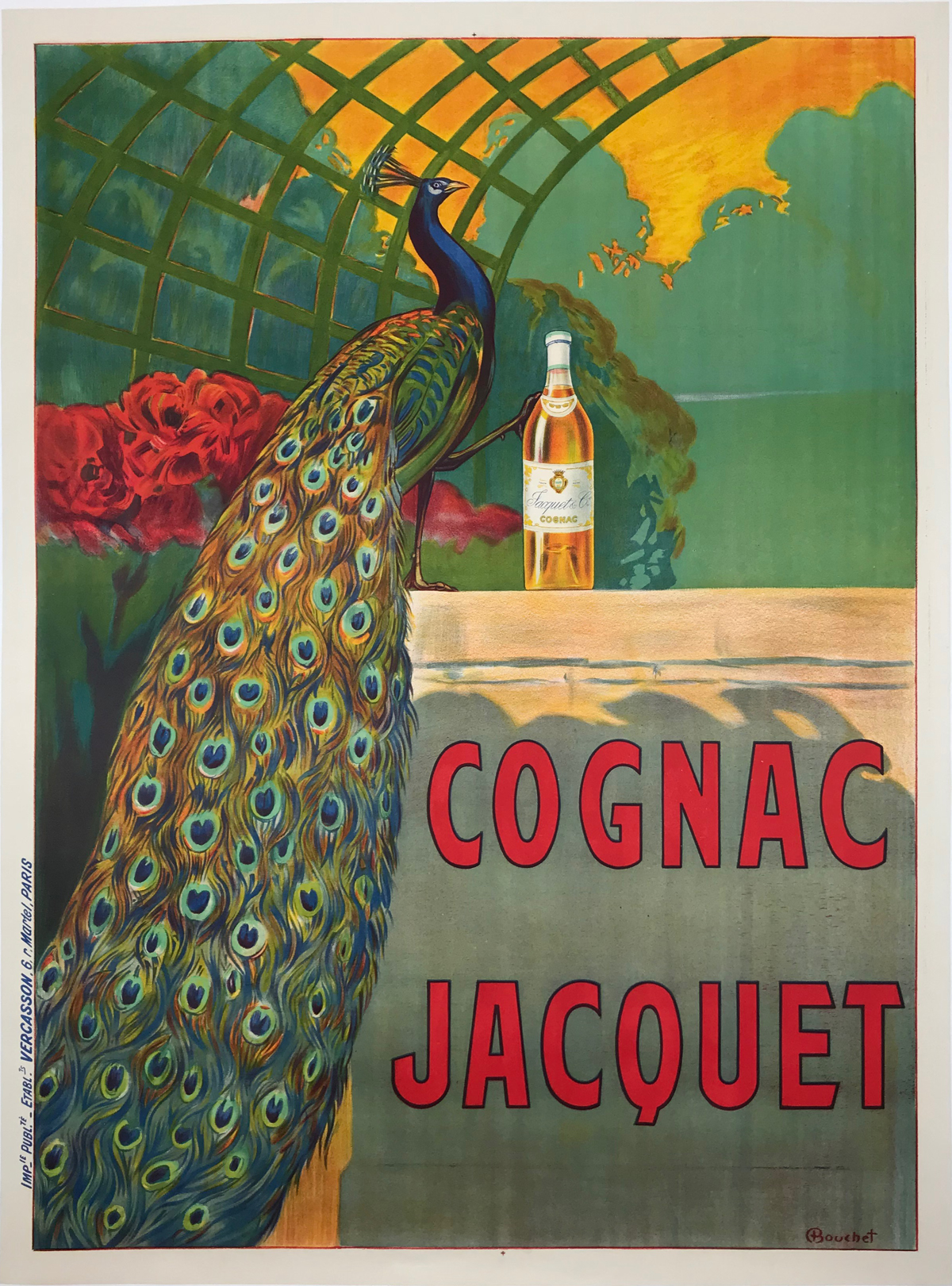 Cognac Jacquet by Bouchet Original 1910 Vintage French Distilerie Advertising Poster Linen Backed. French wine and spirits advertisement features a peacock in a garden with a bottle of liquor.