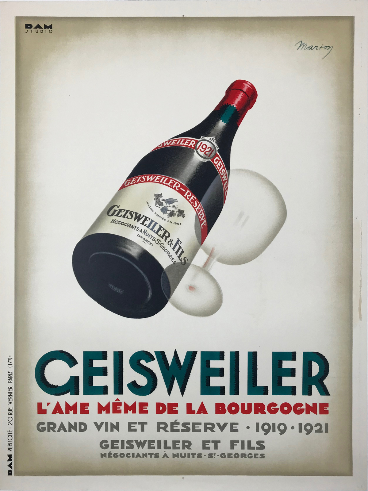 Geisweiler Grand Vin Marton Original 1921 Vintage Wine Company Advertisement Stone Lithograph Poster Linen Backed. "The Very Soul of Burgundy Great Wine and Reserve Traders from Nuits-Saint-Georges"...