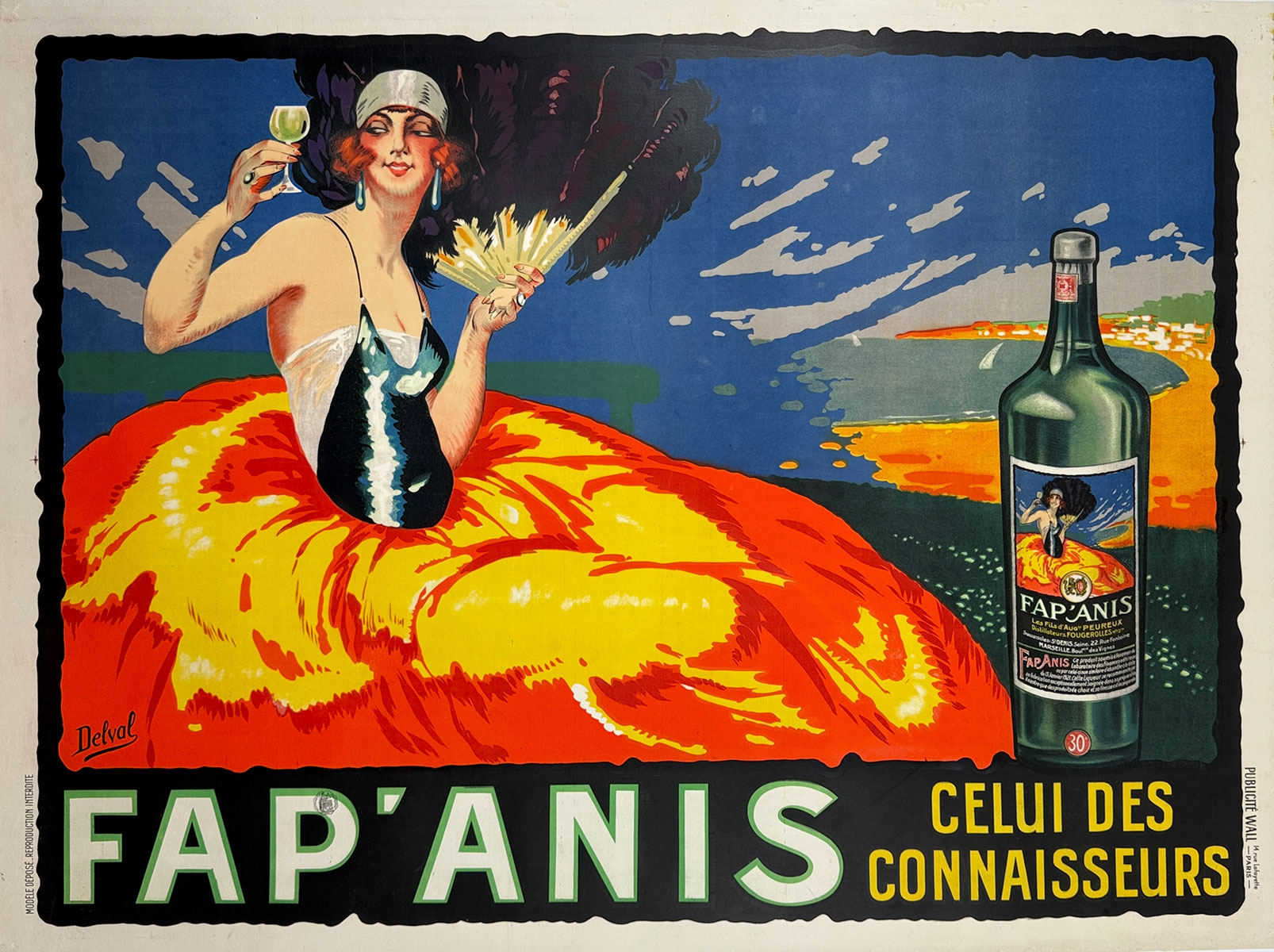 Fap'Anis Liqueur Poster By Maurice Delval Original 1920 Vintage French Apertif Stone Lithograph Advertisement Linen Backed.