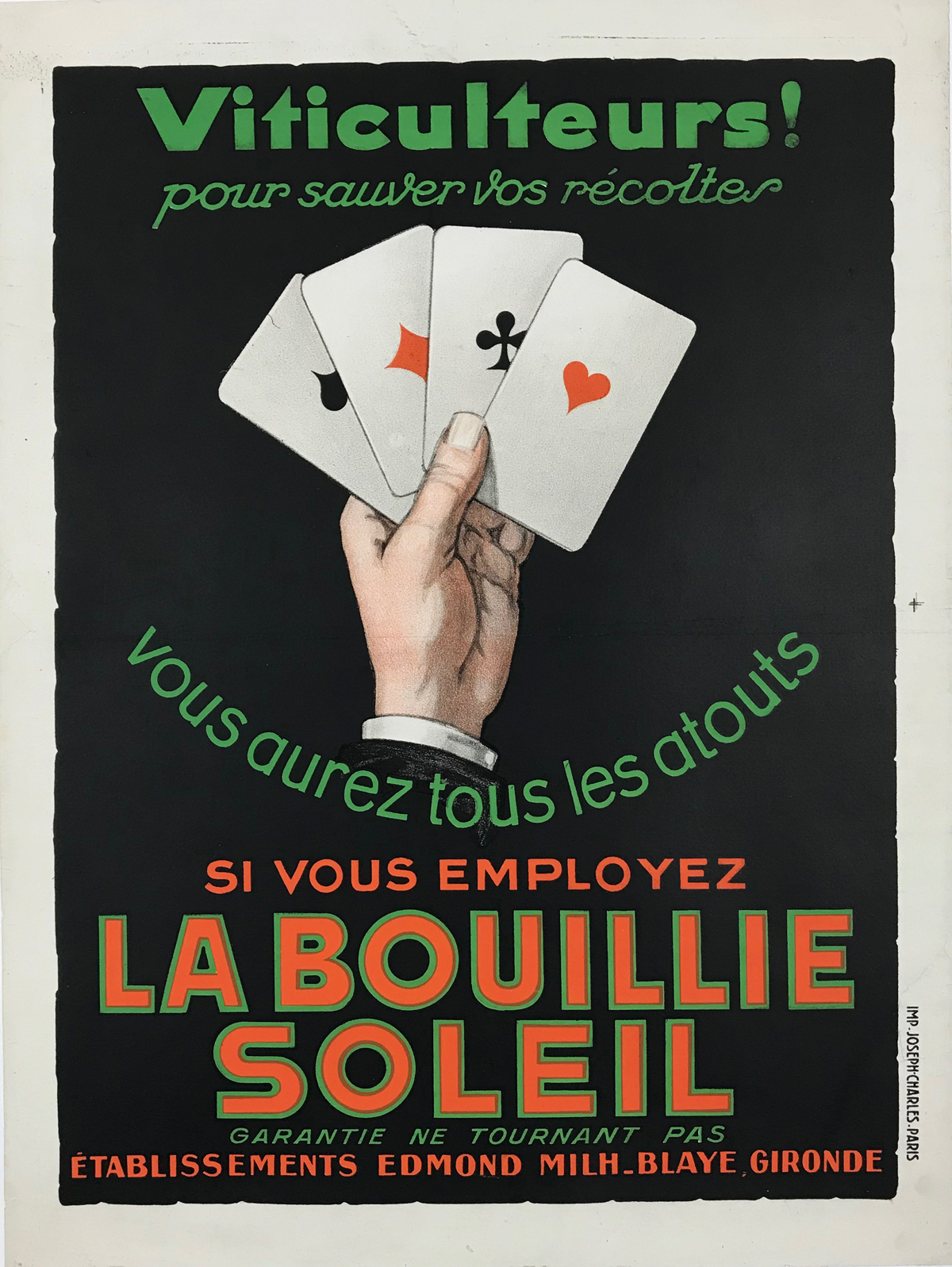 (4) Posters Shipped...La Bouillie Soleil Viticulteurs Poster by Imprimerie Joseph Charles Original 1930 Vintage French Vintners Fertilizer Stone Lithograph Advertisement Linen Backed. "for winemakers the savior of your harvest".