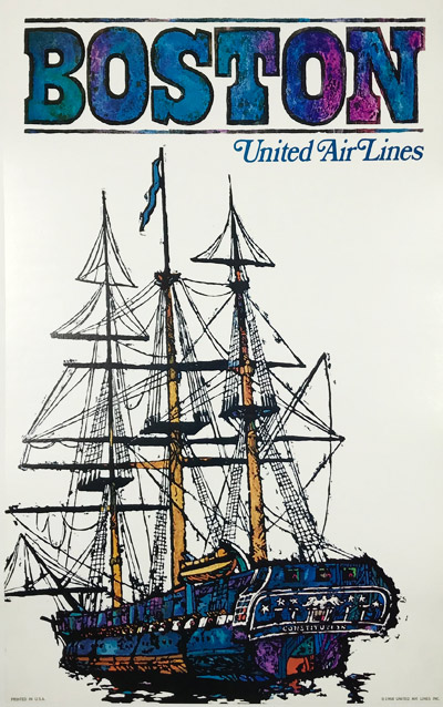 Original American 1968 Vintage Boston Massachusetts United Airlines Advertising Offset Lithograph Travel Poster by James Jabavy Linen Backed