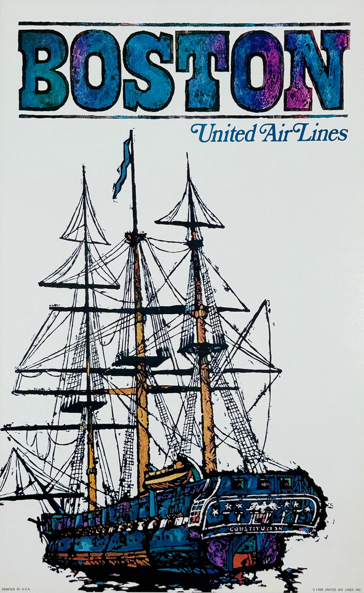 Boston United Airlines Poster By James Jebavy Original 1969 Vintage American Lithograph Passenger Plane Service Advertisement Linen Backed.