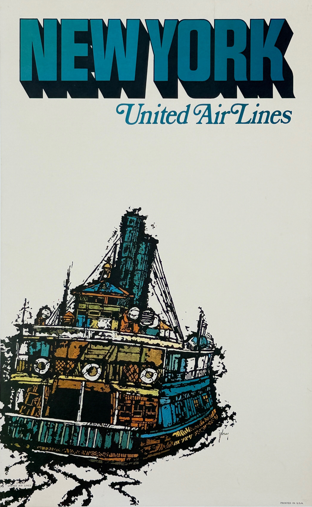 New York United Airlines Poster by James Jebavy Original 1967 Vintage American Lithograph Passenger Plane Service Advertisement Linen Backed.