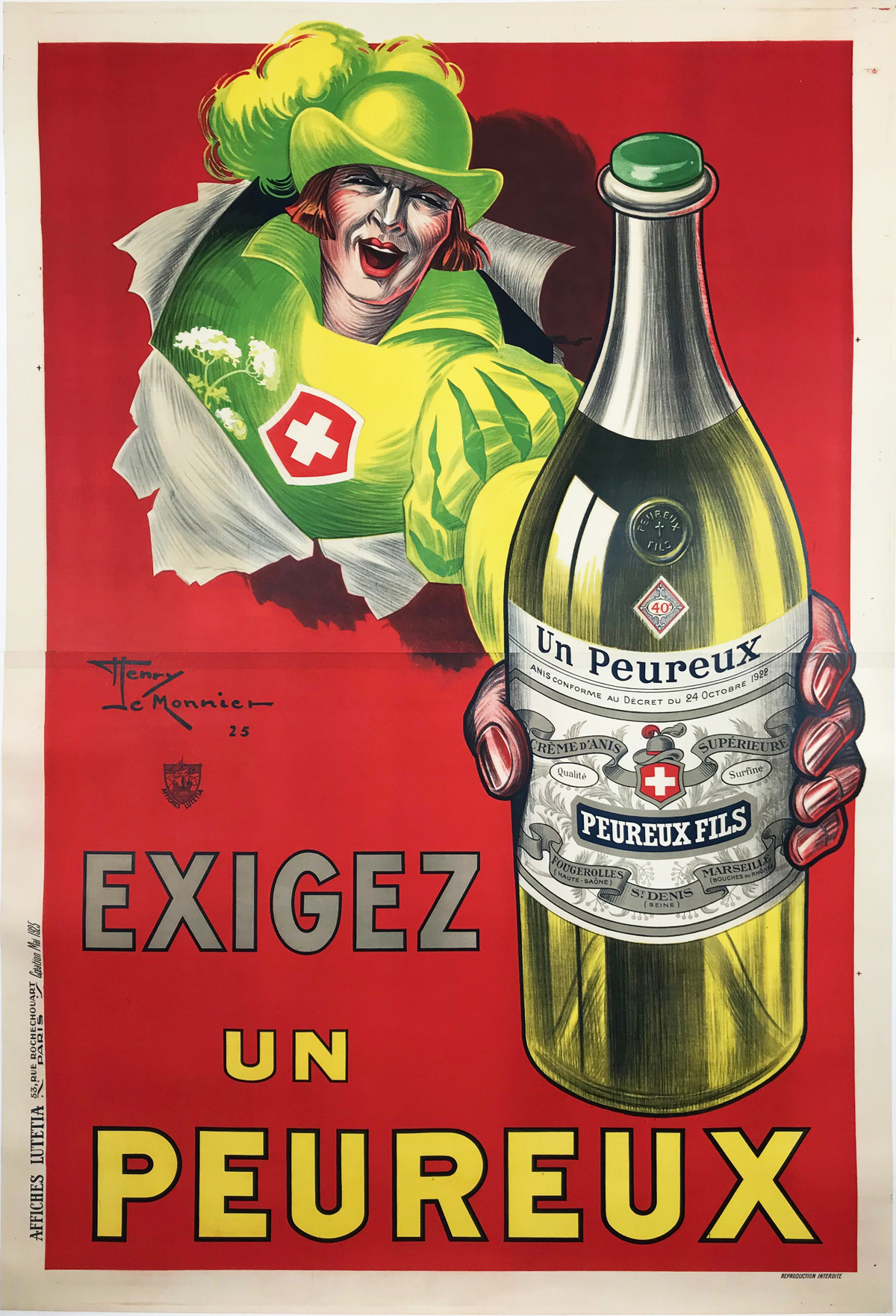 Exigez un Peureux by H. Le Monnier Original 1925 Vintage French 2 Sheet Liquer Advertisement Poster Linen Backed. French wine and spirits poster features a swiss guard in green breaking through the red background holding out a bottle. 