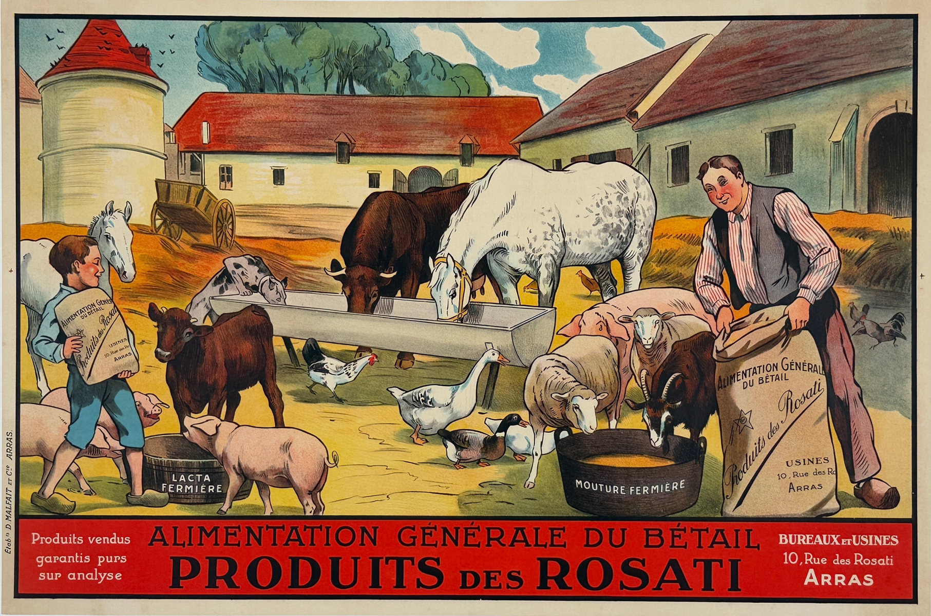 Produits Des Rosati Poster Original 1920 Vintage French Animal Feed Company Stone Lithograph Advertisement Linen Backed.