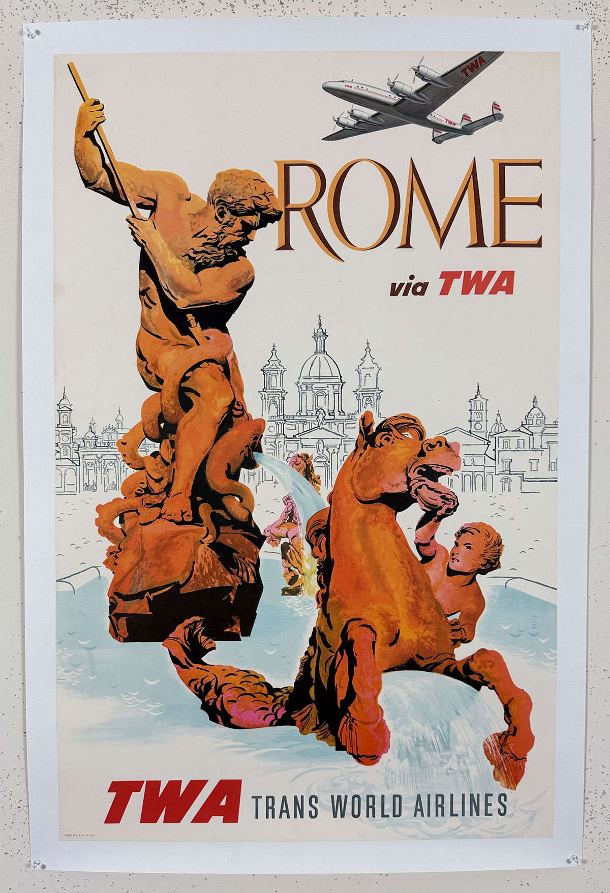 Rome Via TWA Poster By David Klein Original 1956 Vintage USA Plane Travel Lithograph Advertisement Linen Backed.  Bernini Fountain