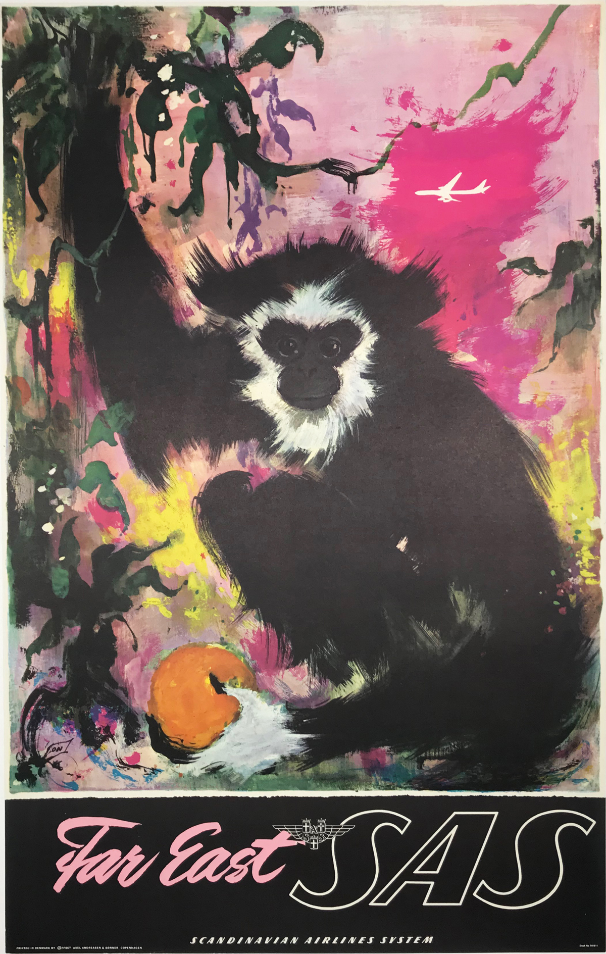 Far East SAS Airlines Monkey original 1962 travel poster by Otto Nielsen.