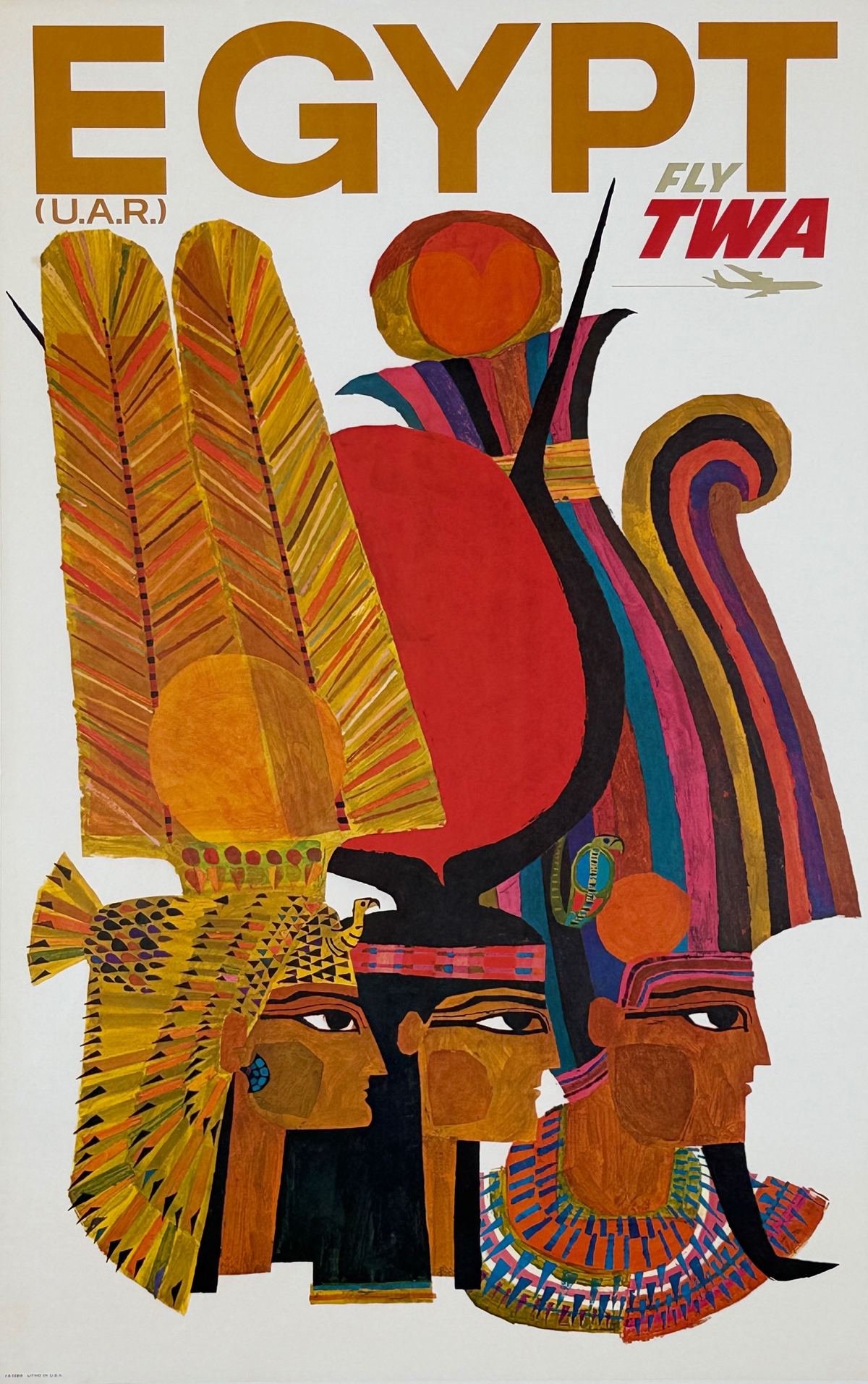 Fly TWA Egypt Poster By David Klein Original 1962 Vintage USA Plane Travel Lithograph Advertisement Linen Backed.