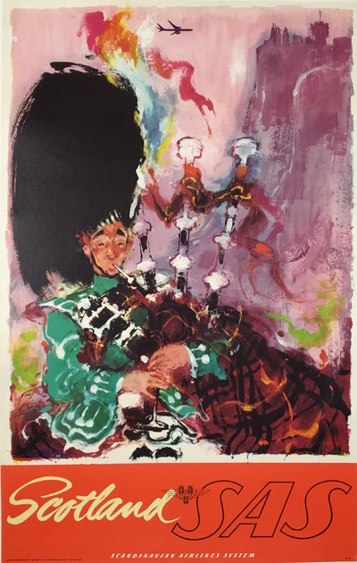 Scotland by SAS Scandinavian Airlines System  original travel poster by Otto Nielsen from 1962 Denmark.