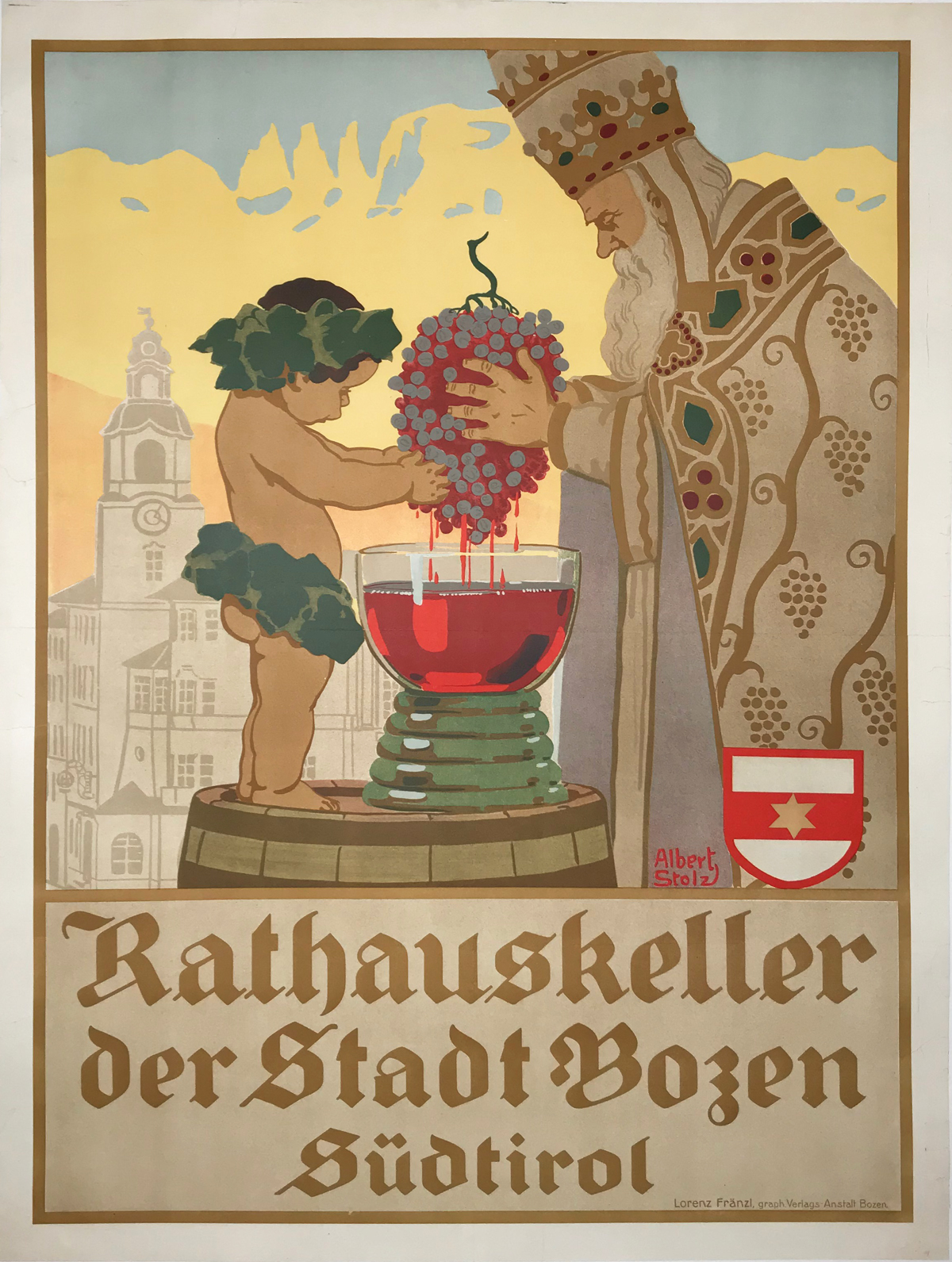 Rathauskeller Original 1920 Vintage Austrian Wine Poster by Stolz Linen Backed.