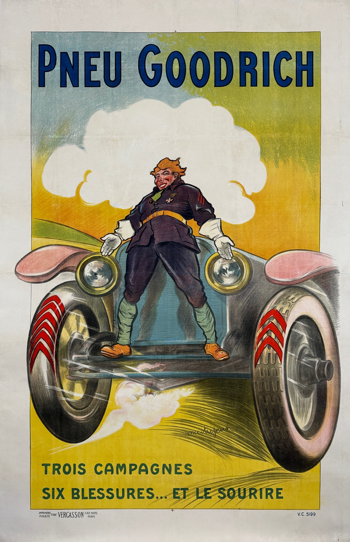 Pneu Goodrich Trois Campagnes Poster By Louis Maitrejean Original 1920 Vintage French Tire Company Stone Lithograph Advertisement Linen Backed.