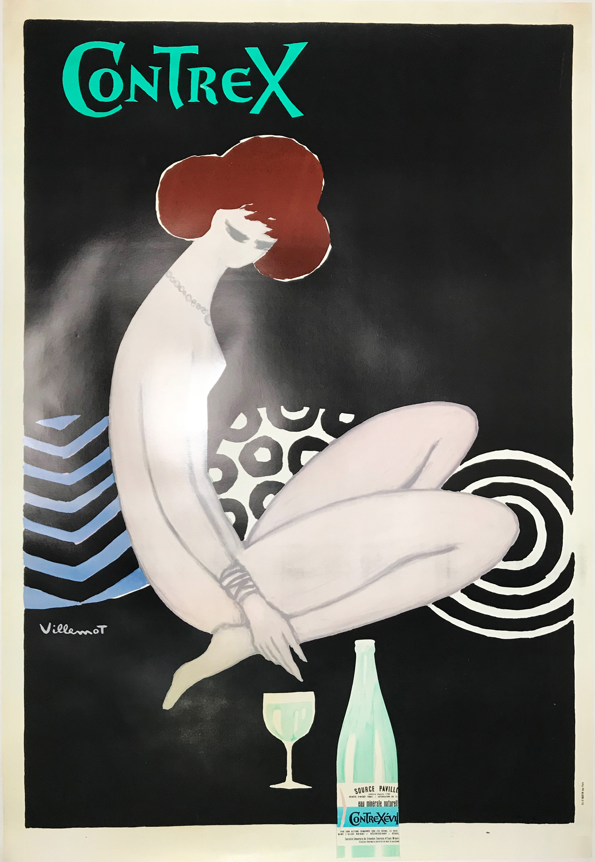 Contrex Poster By Bernard Villemot Original 1977 Vintage French Bottled Water Company Lithograph Advertisement Linen Backed.