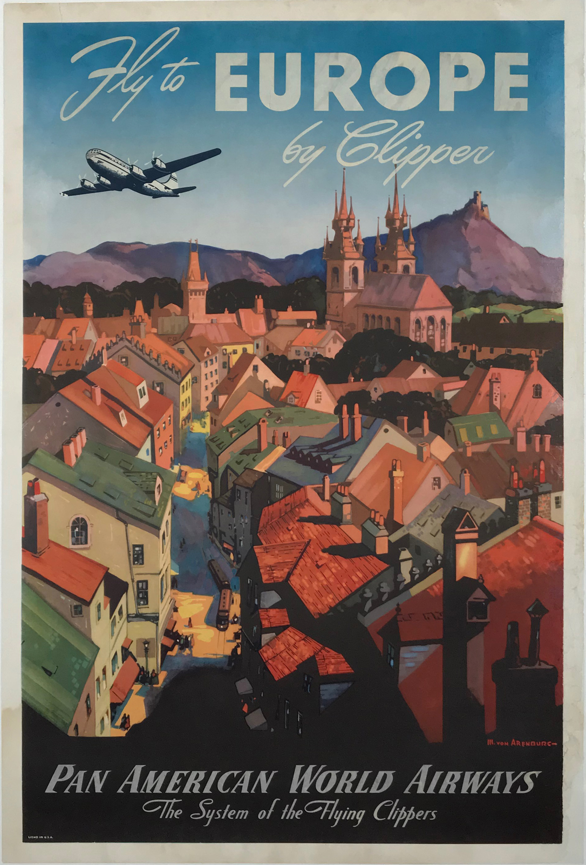 Fly to Europe by Clipper Pan American World Airways Original 1950