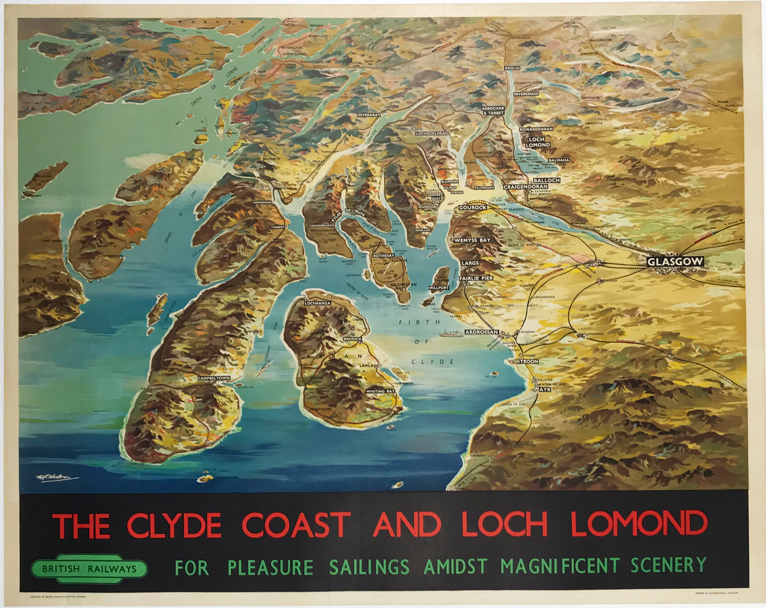 The Clyde Coast and Loch Lomond British Railways Original 1955 Vintage Travel Poster by W. C. Nicholson Linen Backed