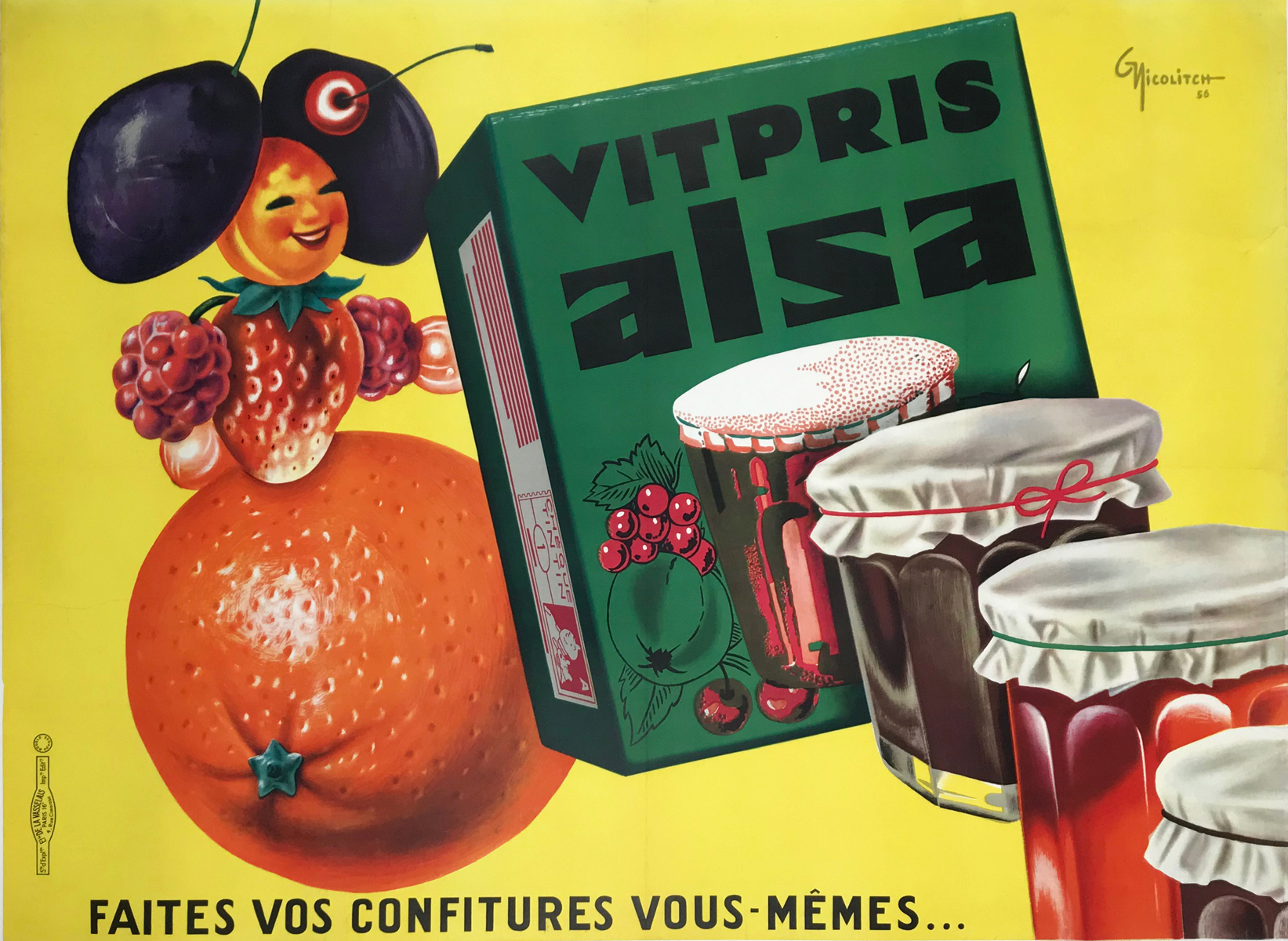 Vitpris Alsa Faites Vos Confitures Original Vintage 1956 French Pectin Poster by Nicolitch Linen Backed