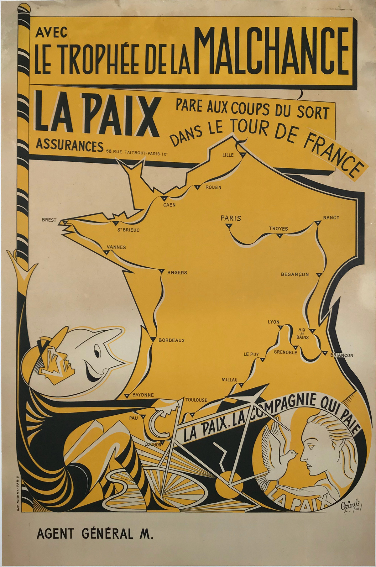 La Paix Tour De France Original 1954 French Vintage Advertisement Poster by Oziouls Linen Backed