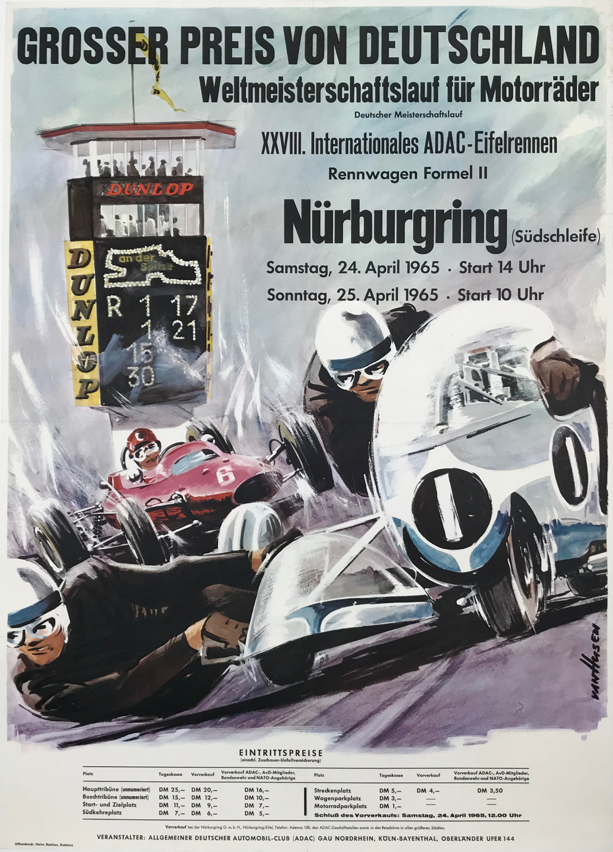  GROSSER PREIS VON DEUTSCHLAND Nurburgring Original 1954 Vintage German Race Advertisement Poster Linen Backed.