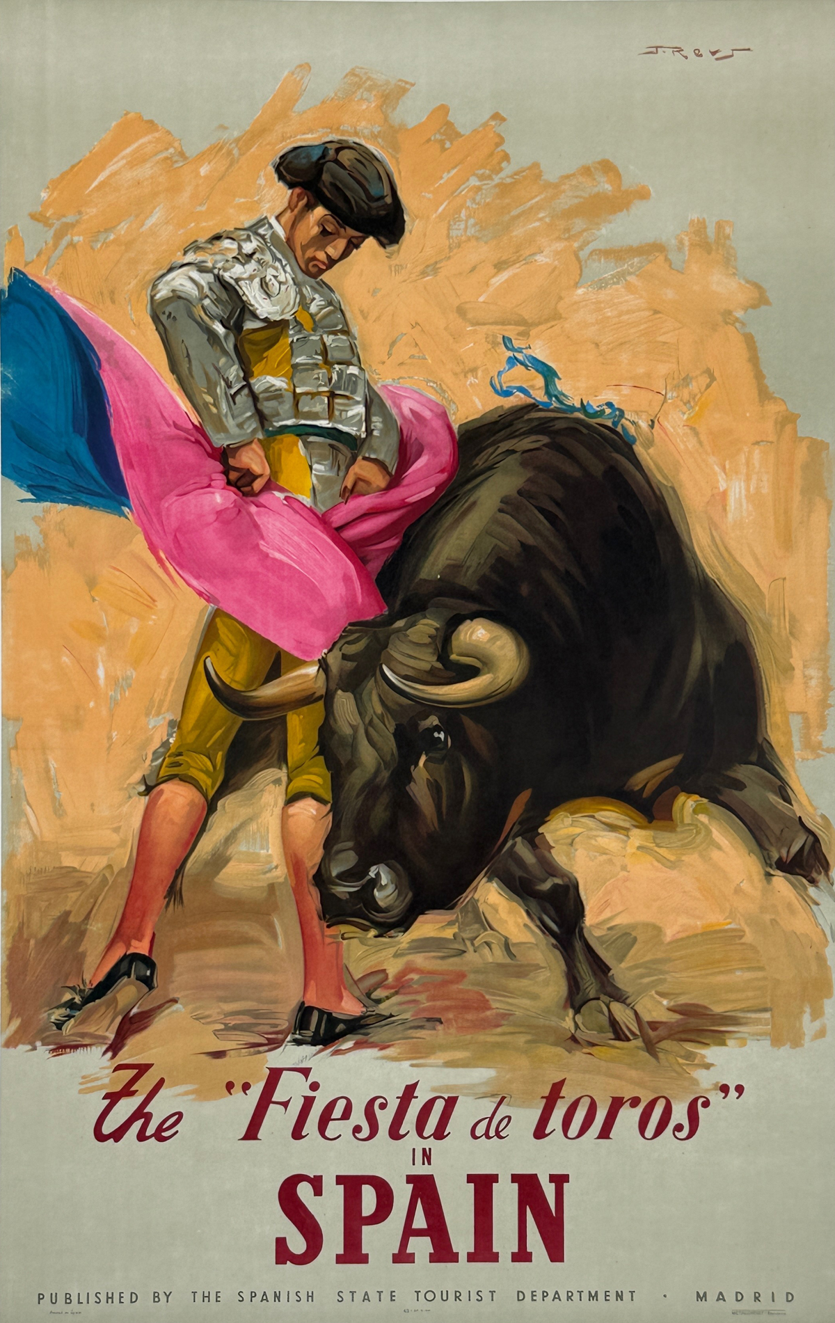 The Fiesta de Toros in Spain Poster by Jose Reus Original 1945 Vintage Spanish Lithograph Tourism Advertisement Linen Backed.