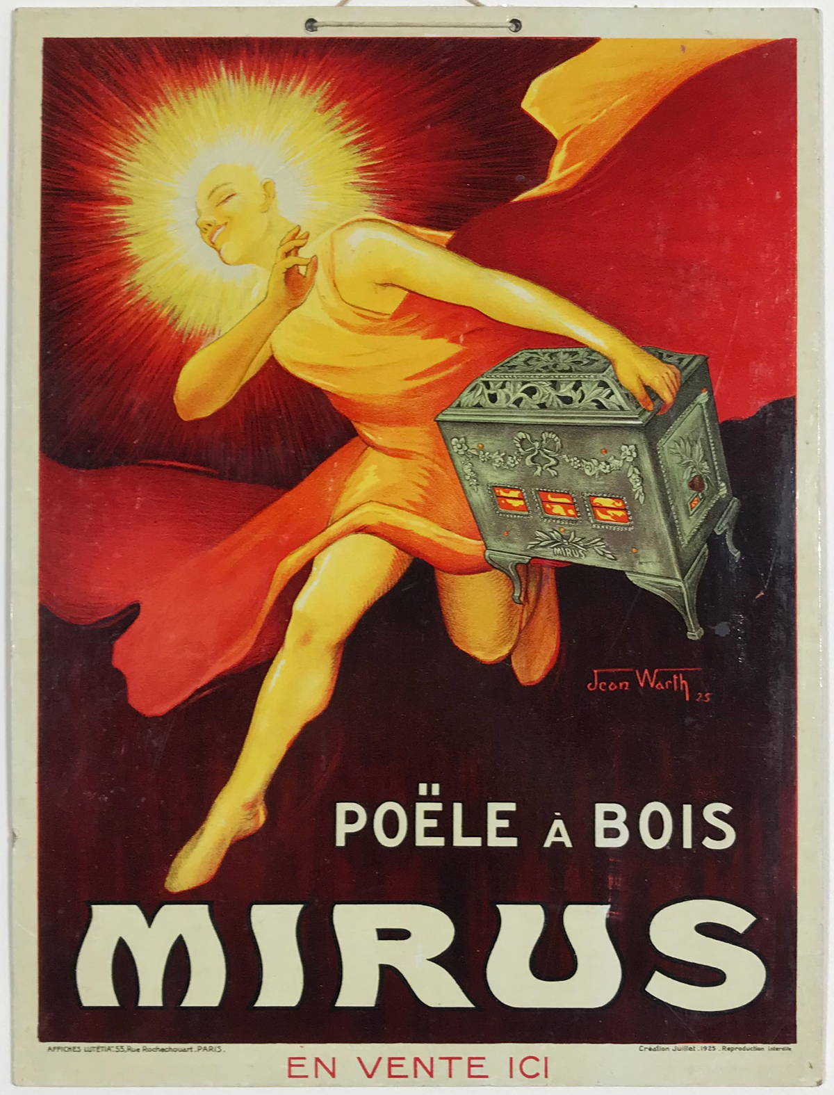 Mirus Poele A Bois En Vente Ici (Store Display) Original 1925 French Stove Advertisement Lithography Vintage Poster by Jean Warth.