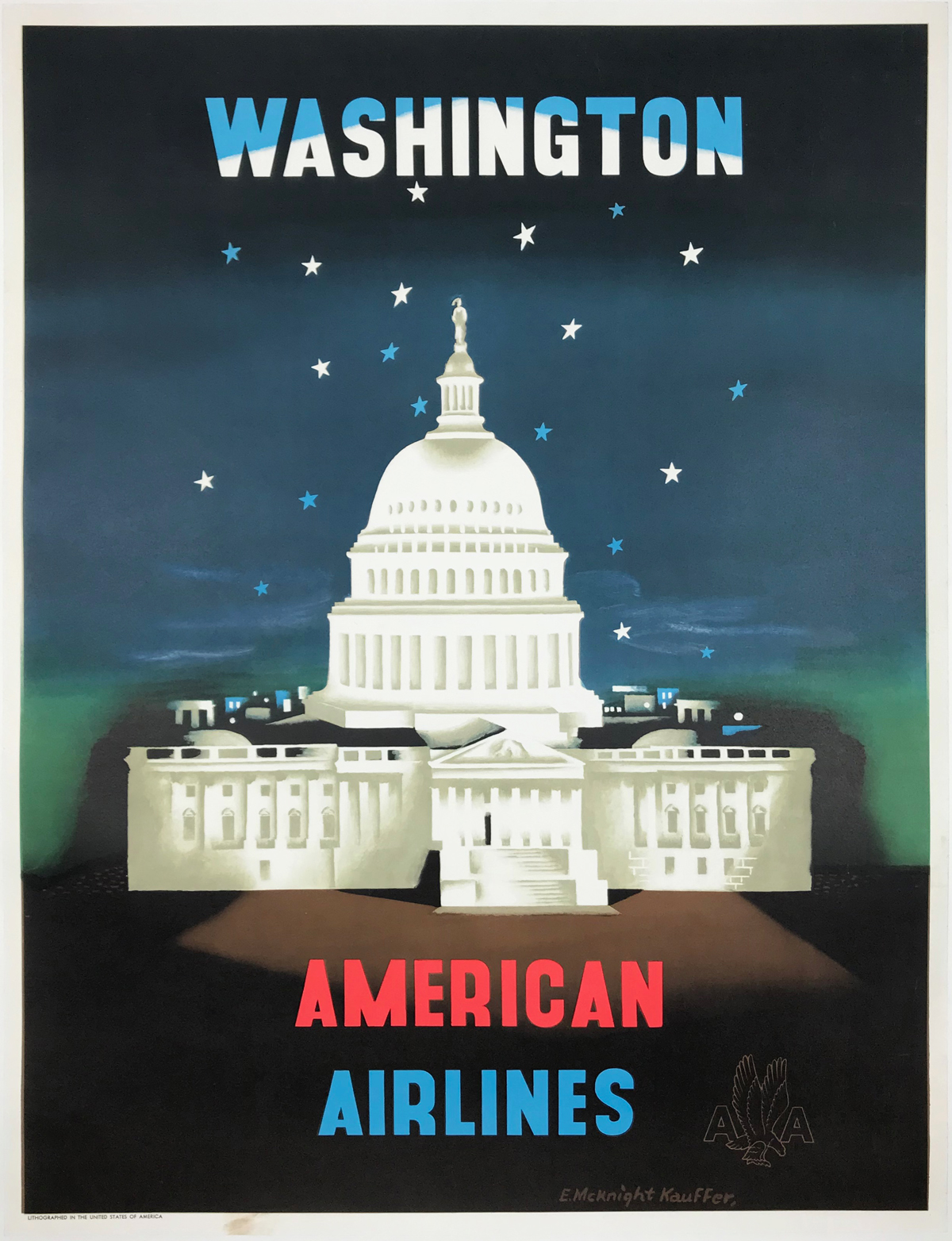 Washington American Airlines by E. McKnight Kauffer Original 1948 D.C. Travel Advertisement Lithograph Poster Linen Backed.