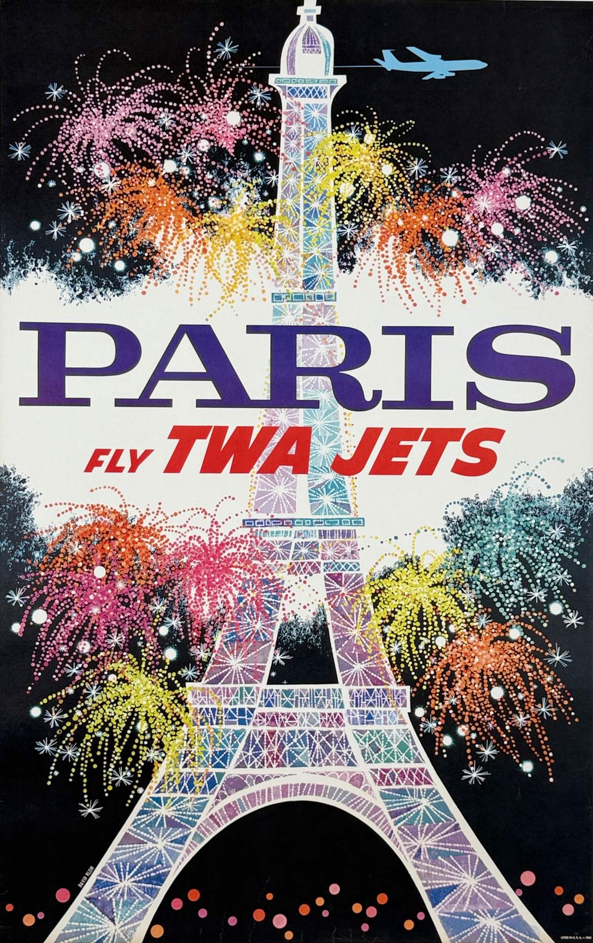 Paris Fly TWA Jets Poster By David Klein Original 1962 Vintage USA Plane Travel  Lithograph Advertisement Linen Backed.
